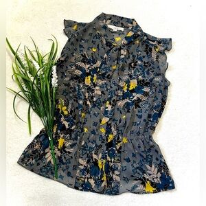Loft Floral Flounce Hem Tie Neck Blouse - Small